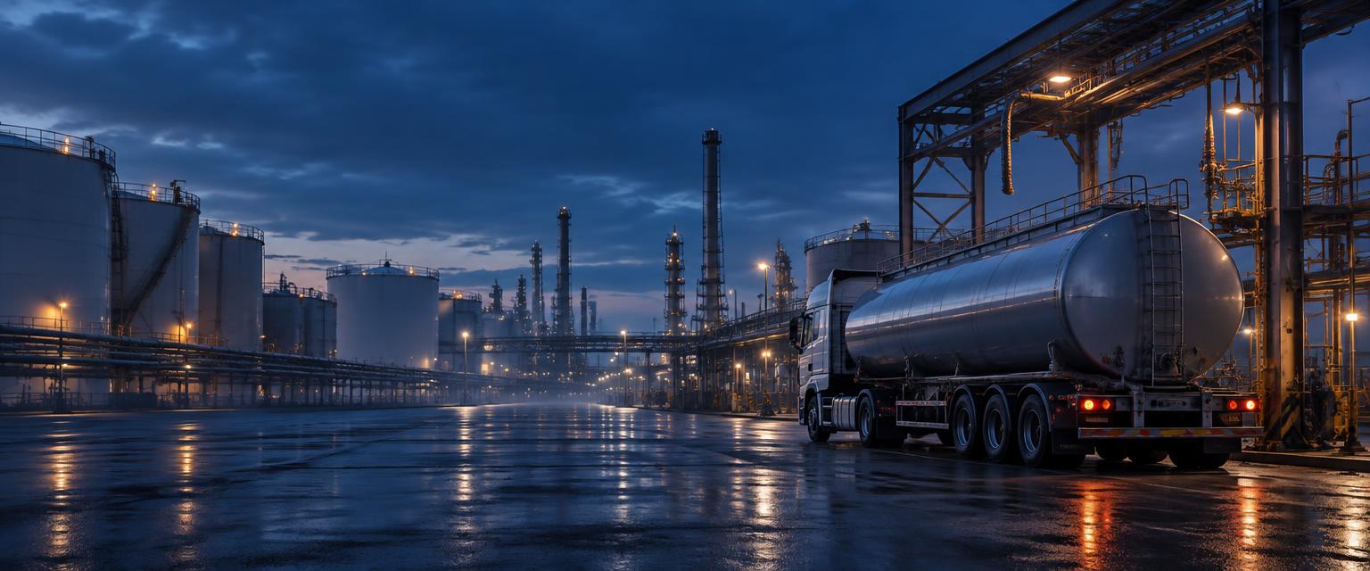 A loaded oil tanker at a petroleum terminal at dusk, storage tanks and pipework behind it